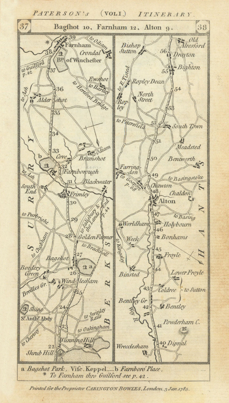 Bagshot-Aldershot-Farnham-Alton-Old Alresford road strip map PATERSON 1785